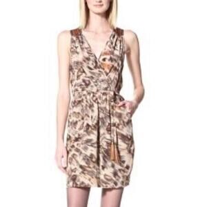 AKIKO REVOLVE Tan Cream Brown Silk Leather Tank Tassel Cheetah Printed Dress XS